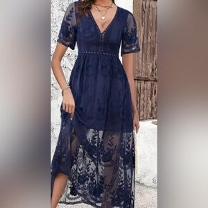Elegant Navy Blue Lace Dress